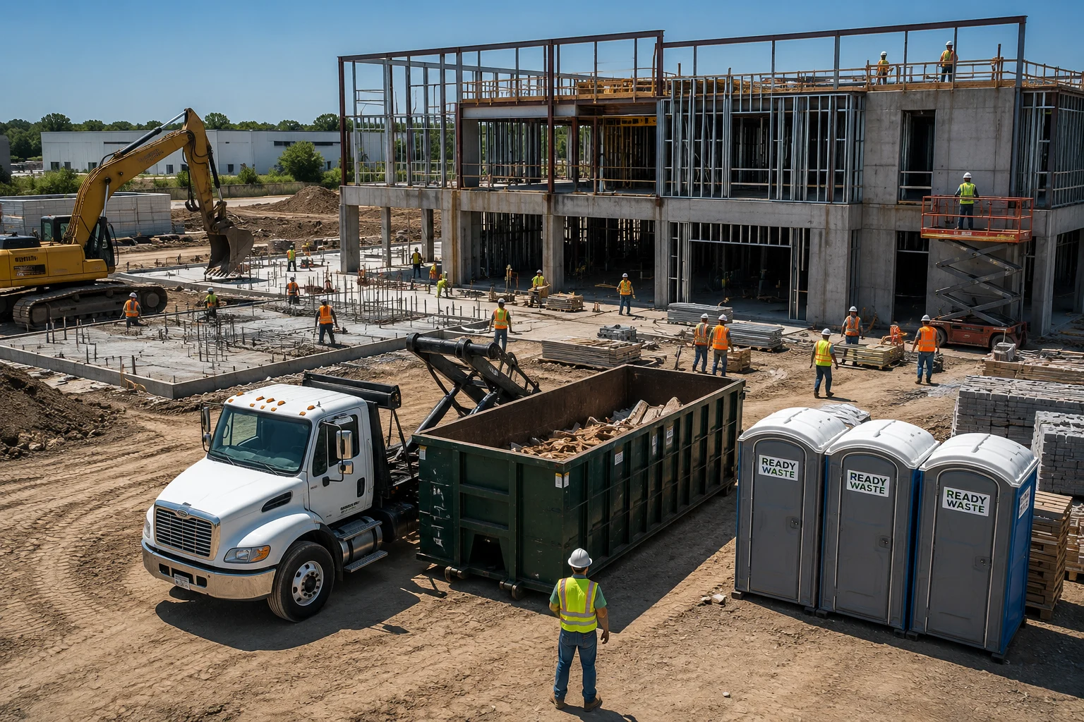 Active commercial construction site with a roll-off dumpster, portable toilets, service truck, and construction crews